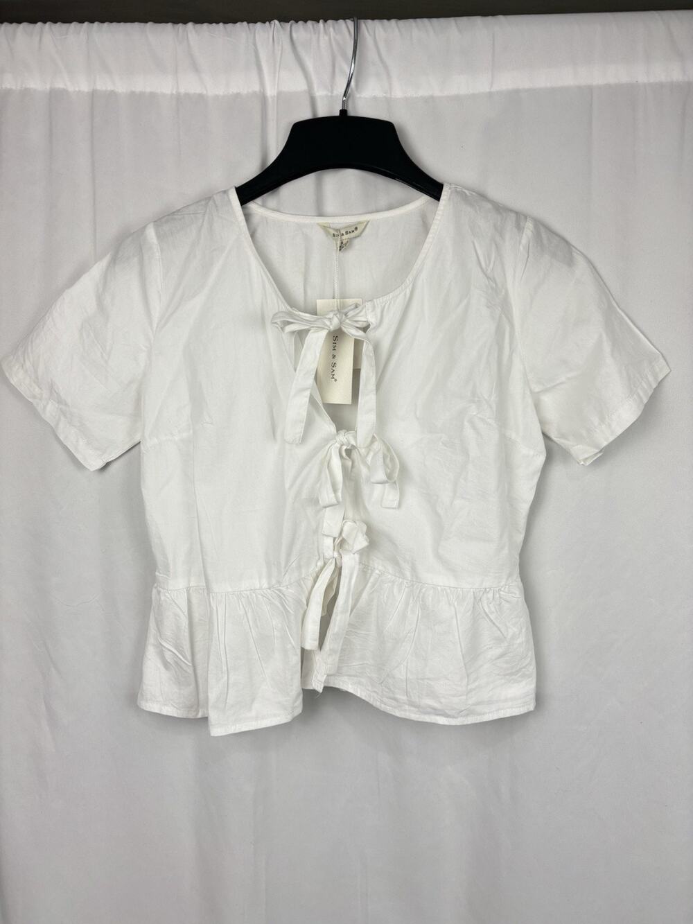 NWT Sim & Sam Tie Front Short Sleeve Top White Cotton Size S Cottage Prairie